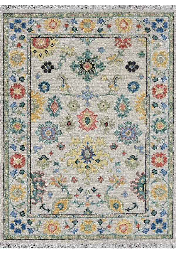 Hand knotted floral Indian rug in ivory, blue, teal and coral