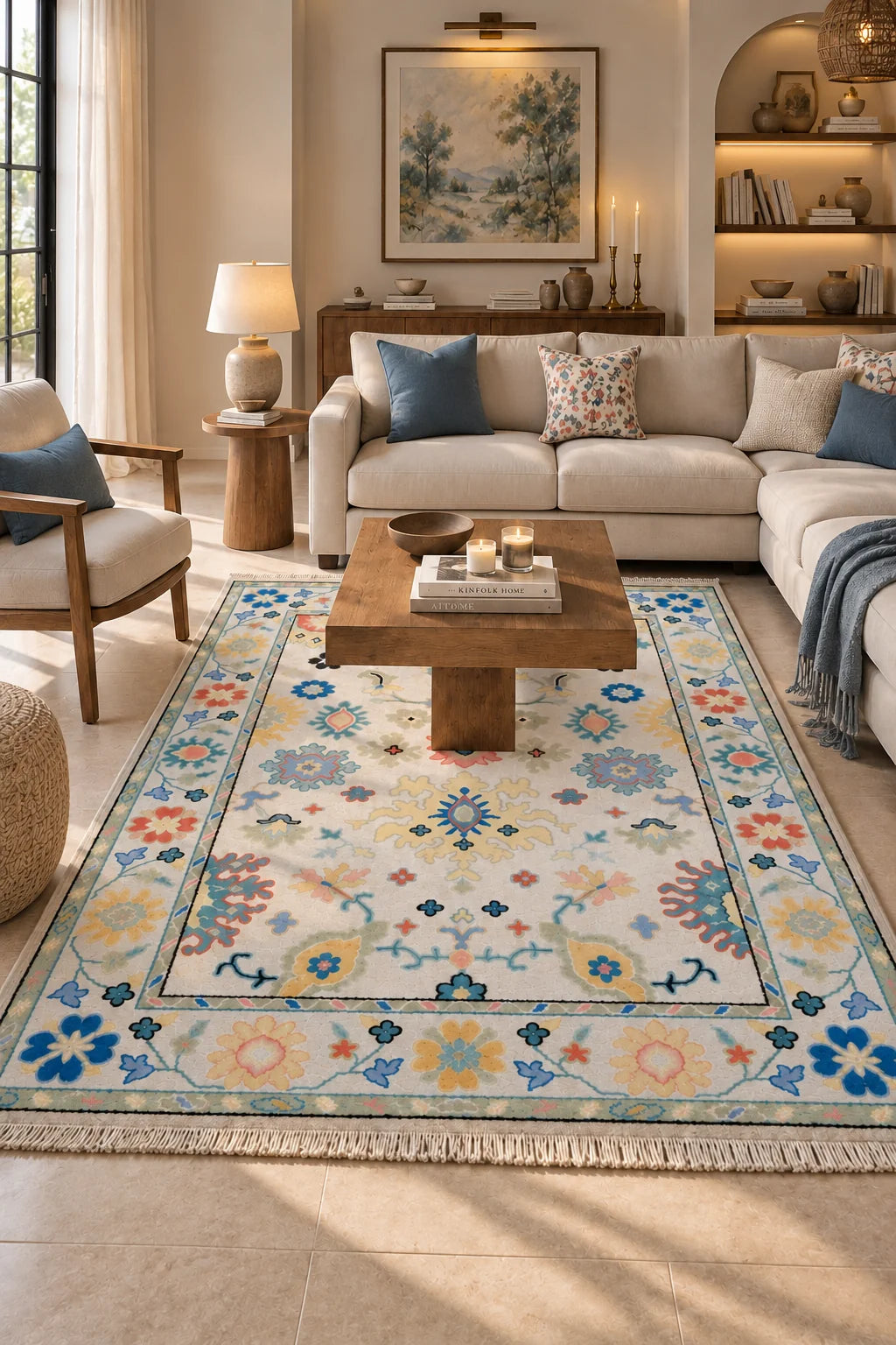 Hand knotted Indian floral rug styled in a warm neutral living room