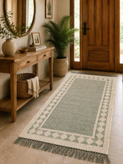 Handwoven Jute Area Rug – Sage Green & Ivory Border Traditional Flatweave Runner Carpet