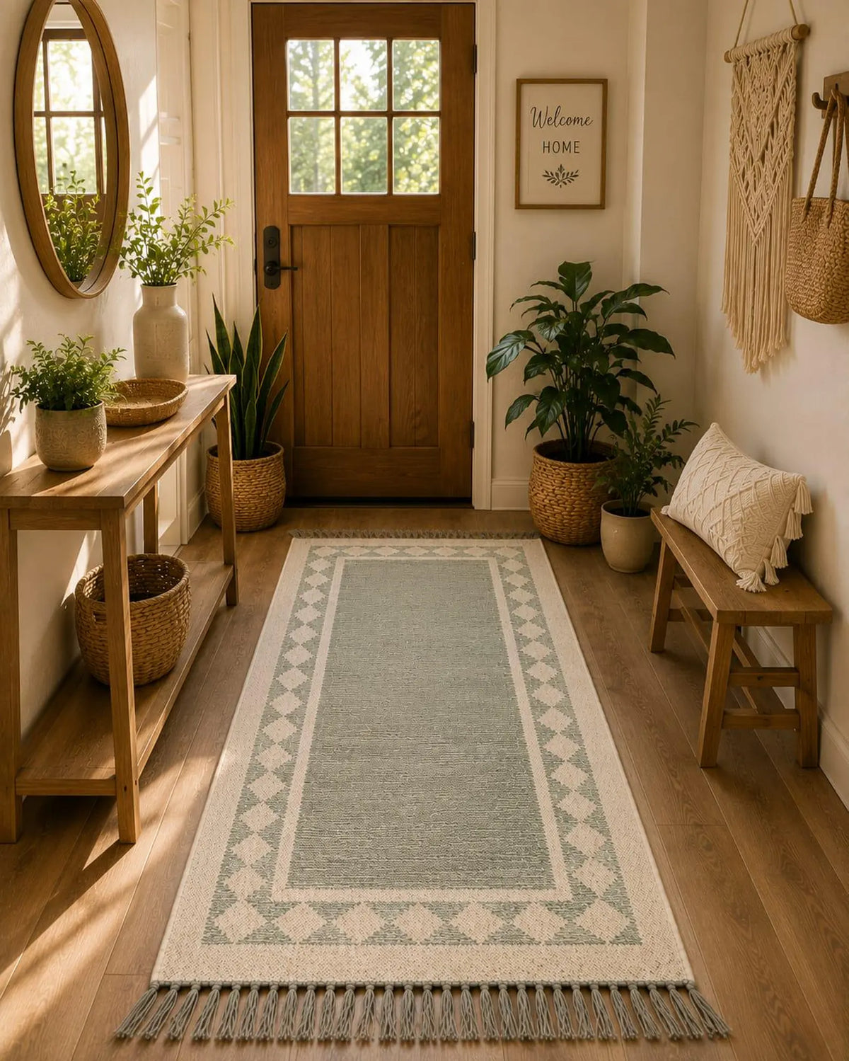 Handwoven Jute Area Rug – Sage Green & Ivory Border Traditional Flatweave Runner Carpet