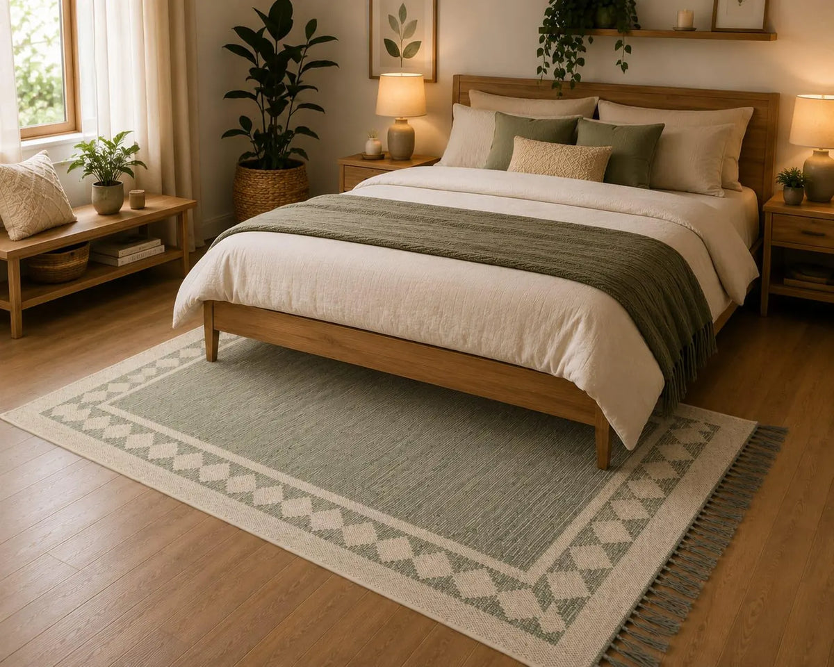 Handwoven Jute Area Rug – Sage Green & Ivory Border Traditional Flatweave Runner Carpet