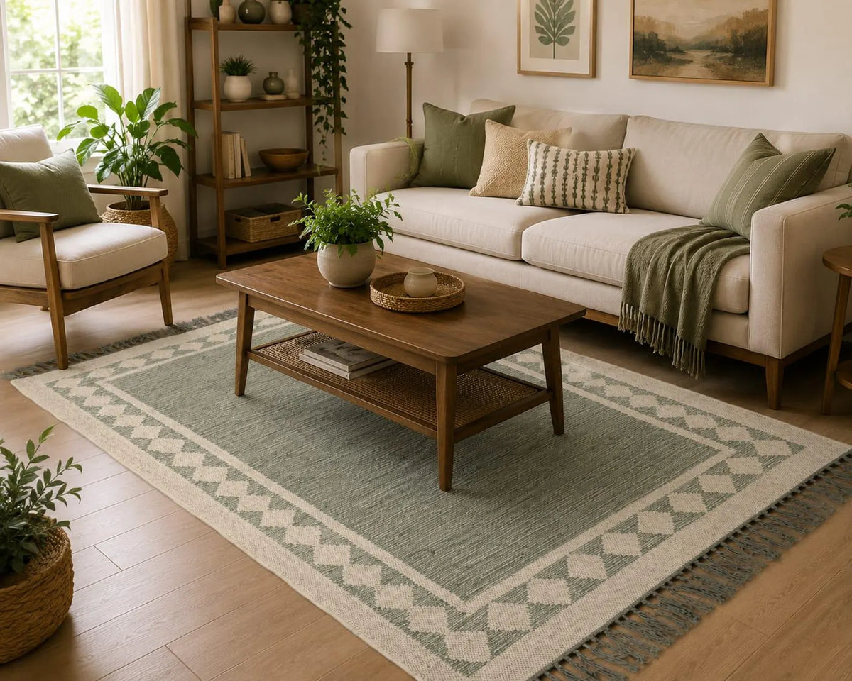 Handwoven Jute Area Rug – Sage Green & Ivory Border Traditional Flatweave Runner Carpet