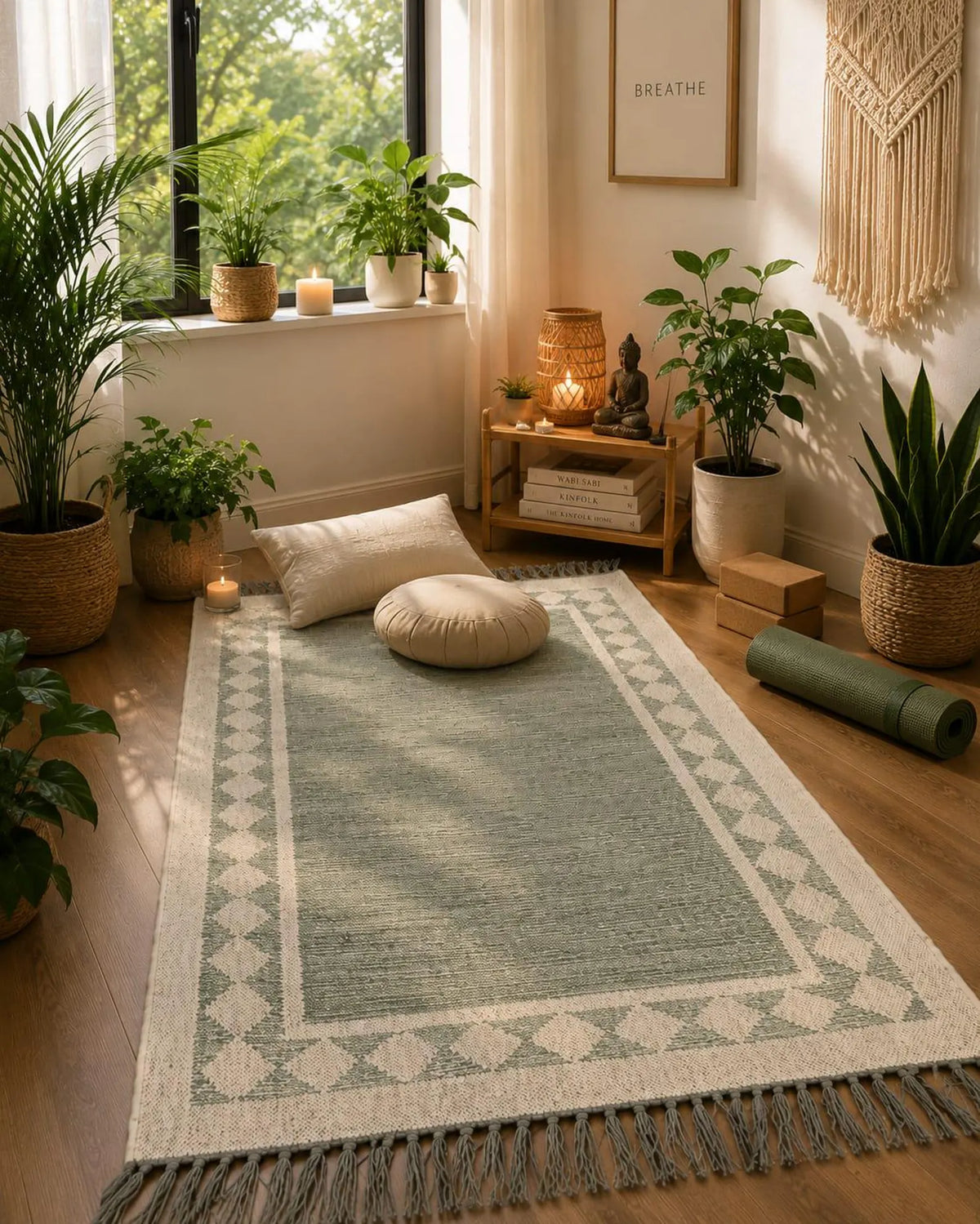 Handwoven Jute Area Rug – Sage Green & Ivory Border Traditional Flatweave Runner Carpet