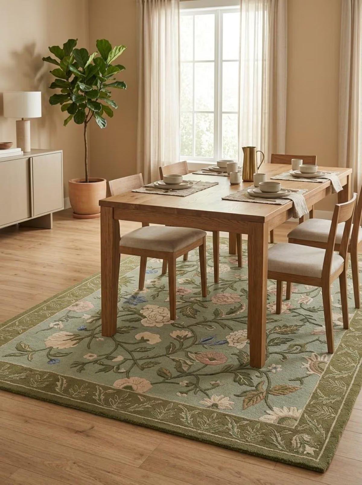 Hand Tufted Floral Wool Rug – Sage Green Traditional Botanical Area Rug
