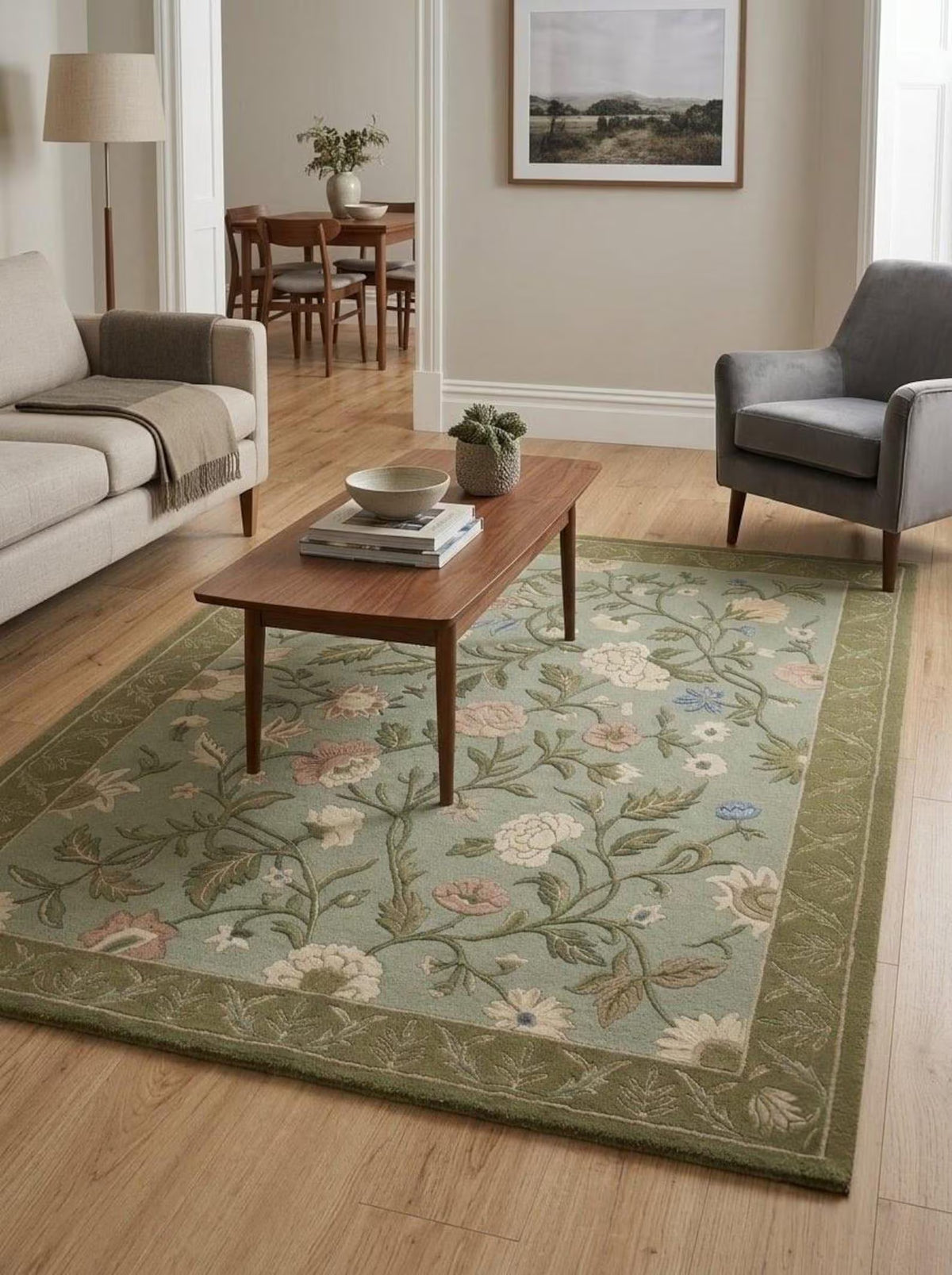 Hand Tufted Floral Wool Rug – Sage Green Traditional Botanical Area Rug