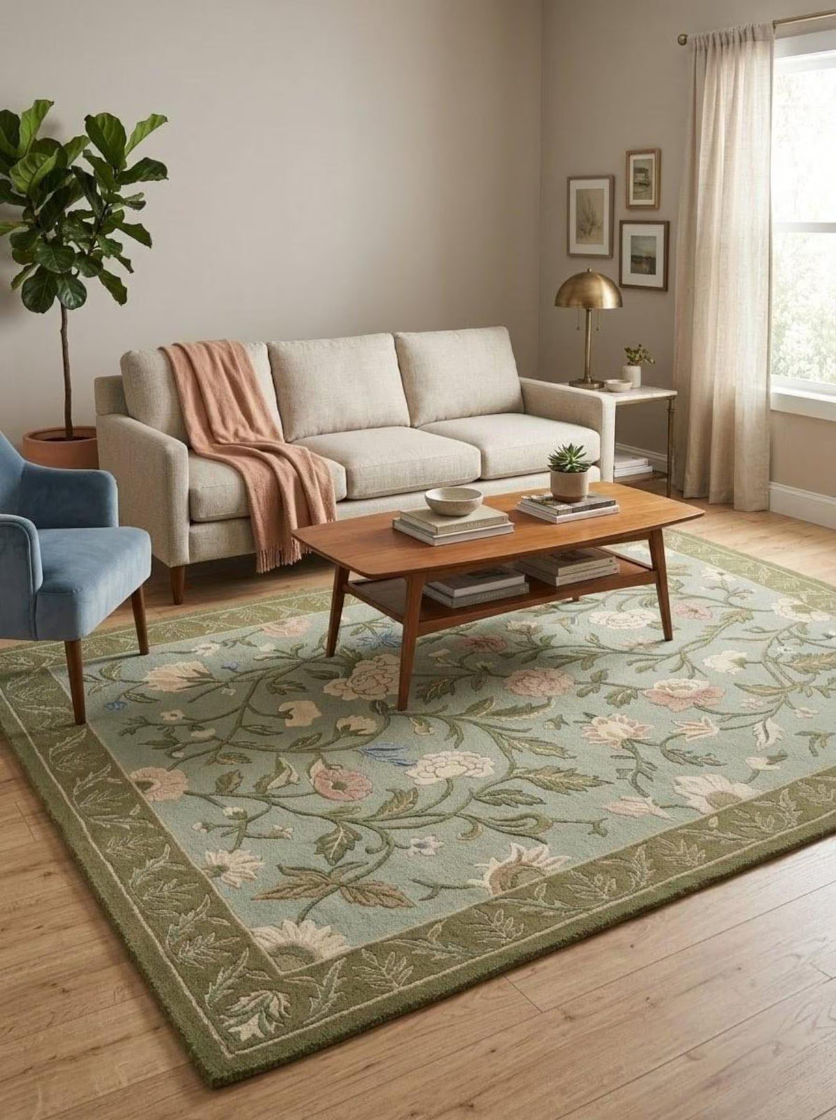 Hand Tufted Floral Wool Rug – Sage Green Traditional Botanical Area Rug
