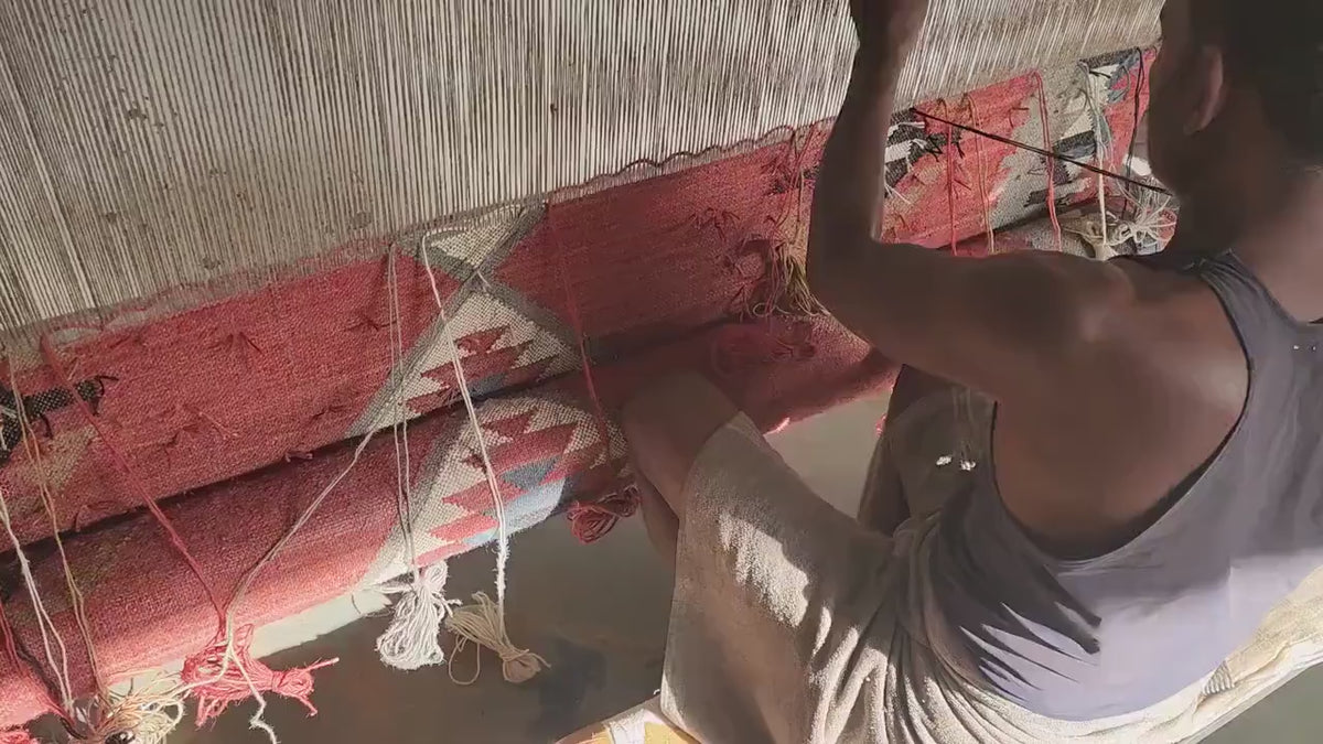 Load video: Handwoven Jute Area Rug – Sage Green &amp; Ivory Border Traditional Flatweave Runner Carpet